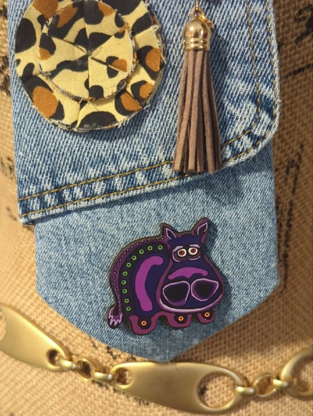 Denim Animal Pin & Tassel Tie- Blue